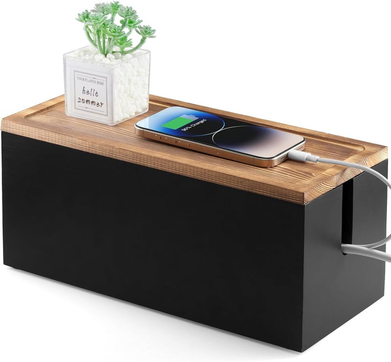 CMLKLZD Wood Cable Management Box - Cable Organizer Box - 2 Open Slots Cords Hider Box - Under Desk Cord Organizer for Power Strip Extension Cord Surge Protector Charger Wire, Black - Image 1